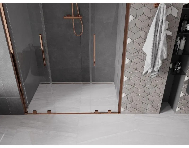 Mexen Velar Duo, posuvné dvere do otvoru 160x200 cm, 8mm číre sklo, ružové zlato, 871-160-000-02-60
