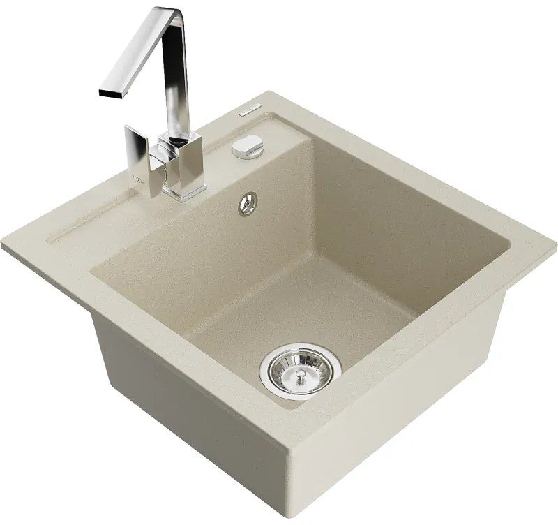 Mexen Vito, 1-komorový granitový drez 520x490x210 mm, chrómová batéria Rita, béžová, 6503-69-670300-00