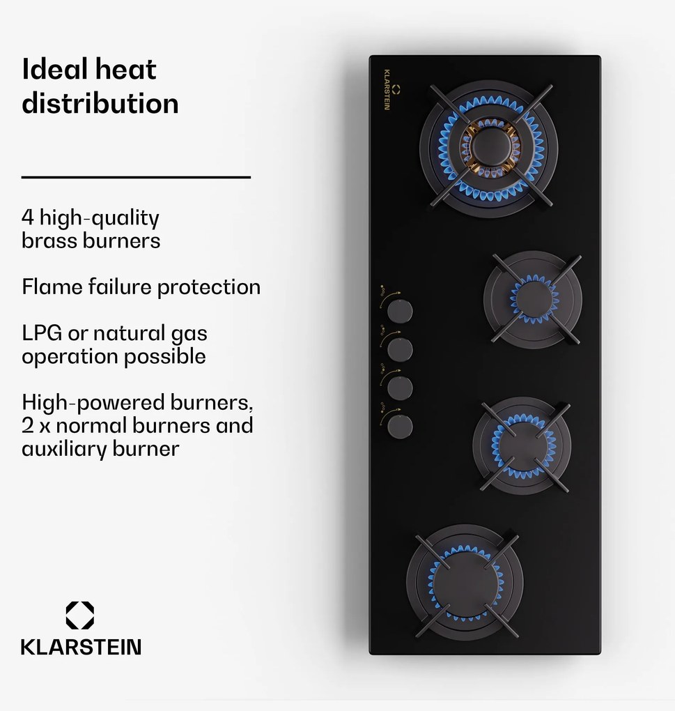 Klarstein Goldflame 4 Slim, plynová varná doska, 4 horáky, sebestačná, zemný plyn/propán, nehrdzavejúca oceľ