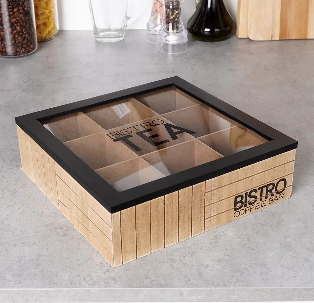 Orion 2. akosť - Krabička na čaj, čajový organizér s 9 priehradkami, drevo BISTRO