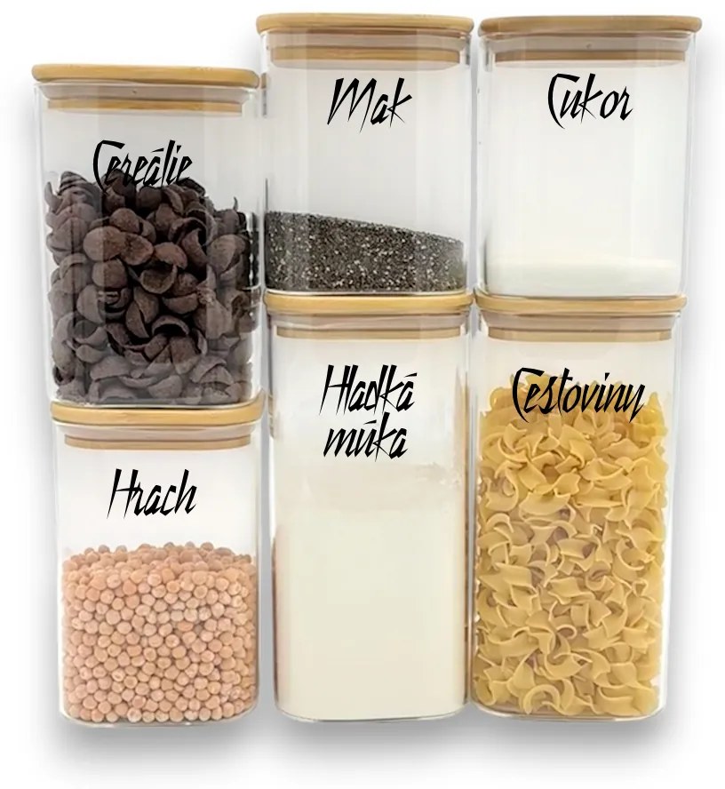 Orion Sada 6 sklenených hranatých dóz s bambusovým vekom - BORO6