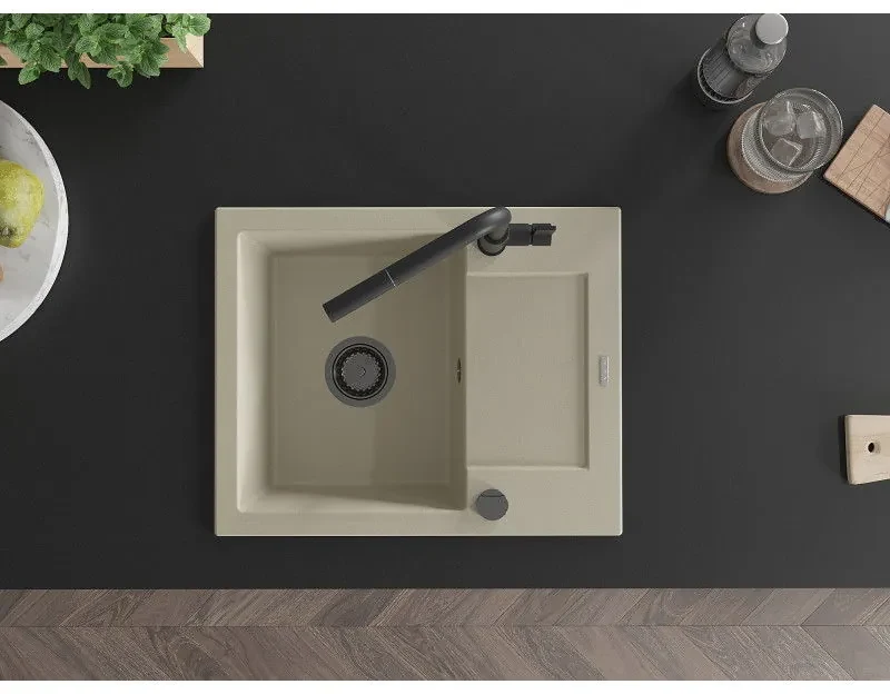 Mexen Enzo, 1-komorový granitový drez 576x465x174 mm a drezová batéria Flora, béžová, 6506-69-670401-70-B