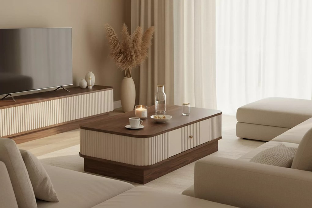 Konferenčný stolík Vespera 103x60 cm na sokli - kašmírová / orech / zlatá