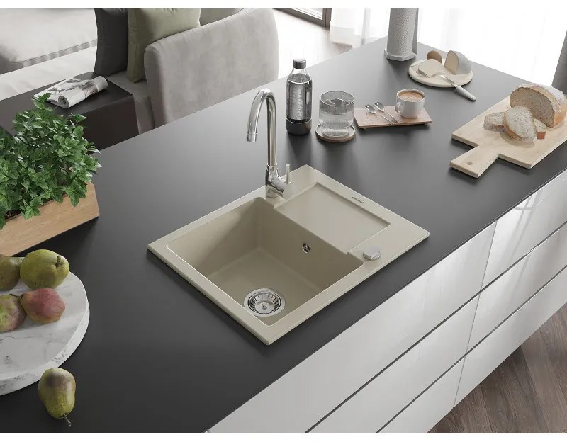 Mexen Enzo, granitový drez 576x465x174 mm, 1-komorový, chrómová batéria Telma, béžová, 6506-69-670200-00
