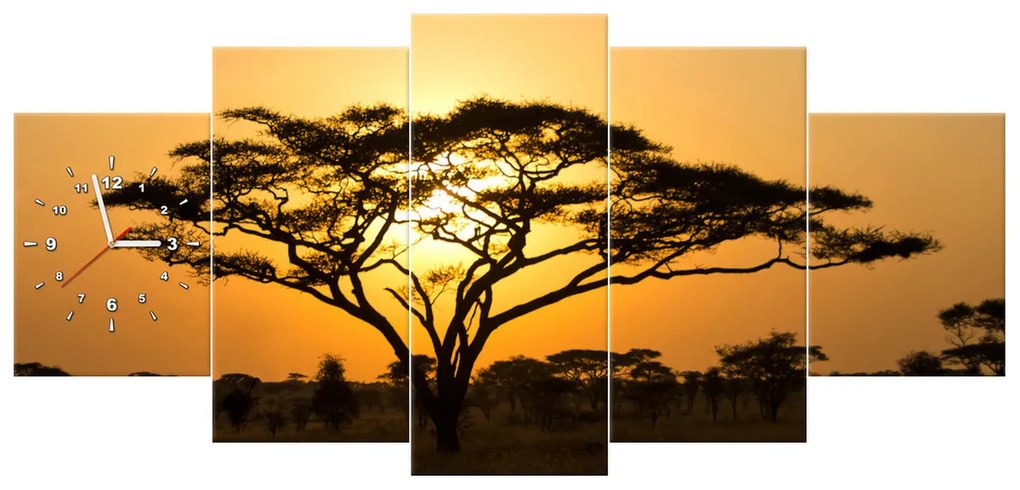 Gario Obraz s hodinami Akácia v Serengeti - 5 dielny Rozmery: 150 x 70 cm