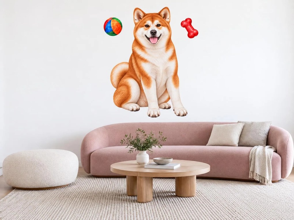 Akita inu s loptičkou a kosťou maľované textilné nálepky na stenu arch 31 x 46 cm