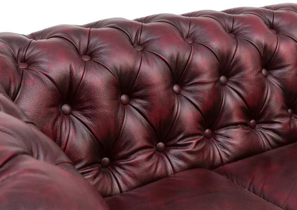furniture-nabytek.cz - Masívna Chesterfield pohovka, pravá koža, starožitná červená – 352×100×72 cm