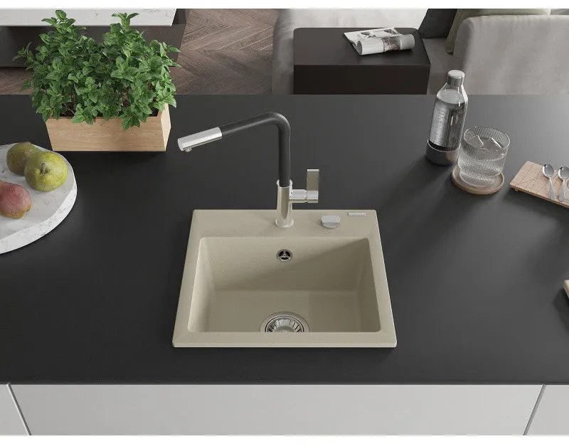 Mexen Milo, 1-komorový granitový drez 435x410x171 mm a drezová batéria Flora, béžová, 6505-69-670401-07
