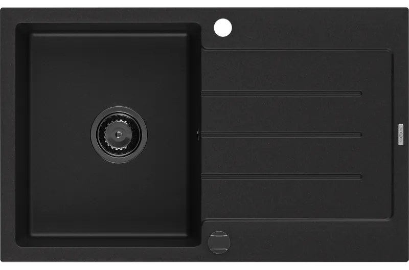 Mexen Bruno, granitový drez 795x495x200 mm, 1-komorový, čierna s čiernym sifónom, 6513791010-77-B