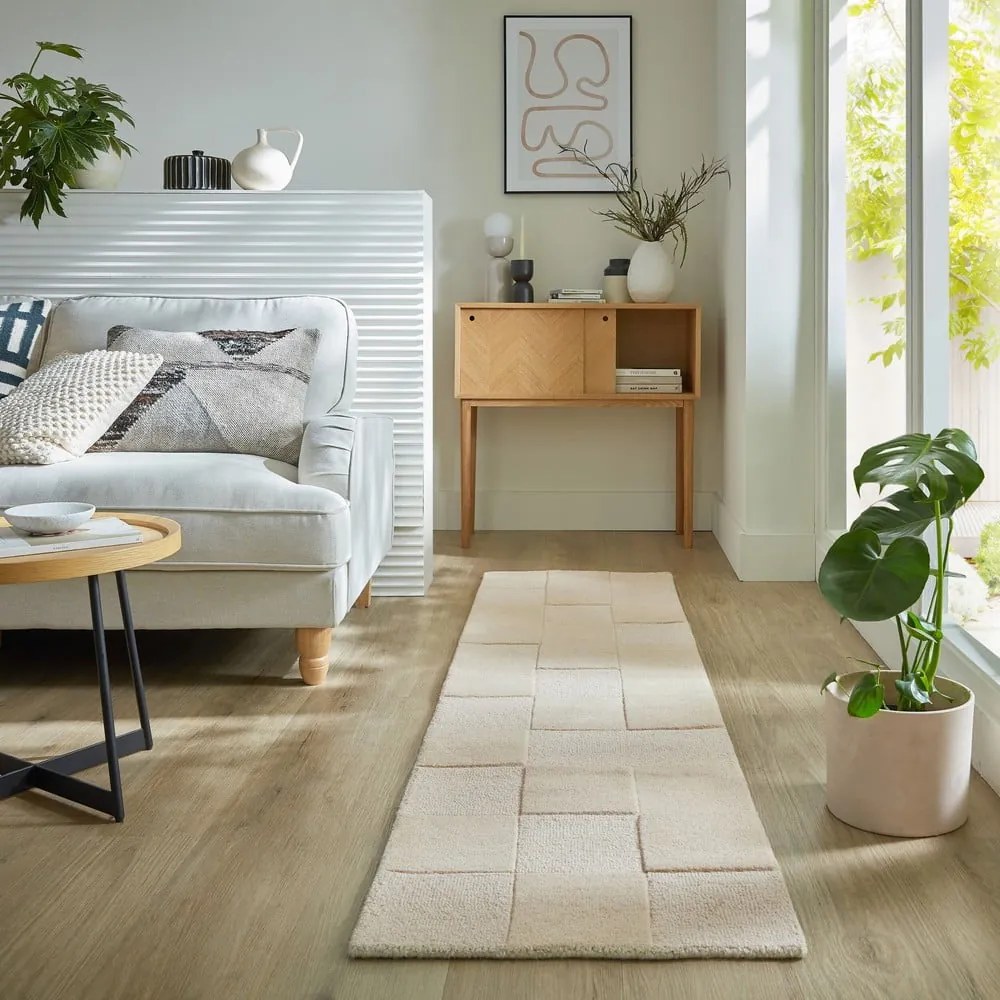 Béžový ručne tkaný vlnený behúň 60x230 cm Checkerboard – Flair Rugs