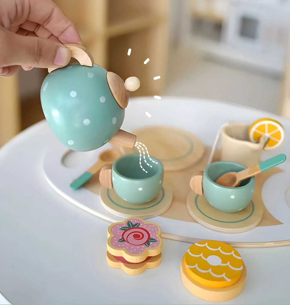 Čajovo-kávový servis so sušienkami šálky čajník podnos tanier ECOTOYS