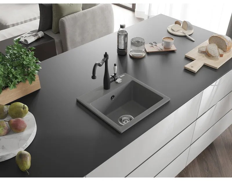 Mexen Milo, granitový drez 435x410x171 mm, 1-komorový a drezová batéria Carla, šedá, 6505-71-670700-70