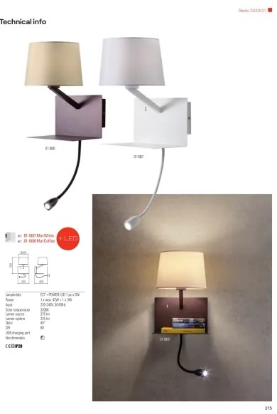 Redo 01-1807 - LED Nástenné svietidlo TOMO 1xE27/42W/230V+1xLED/3W