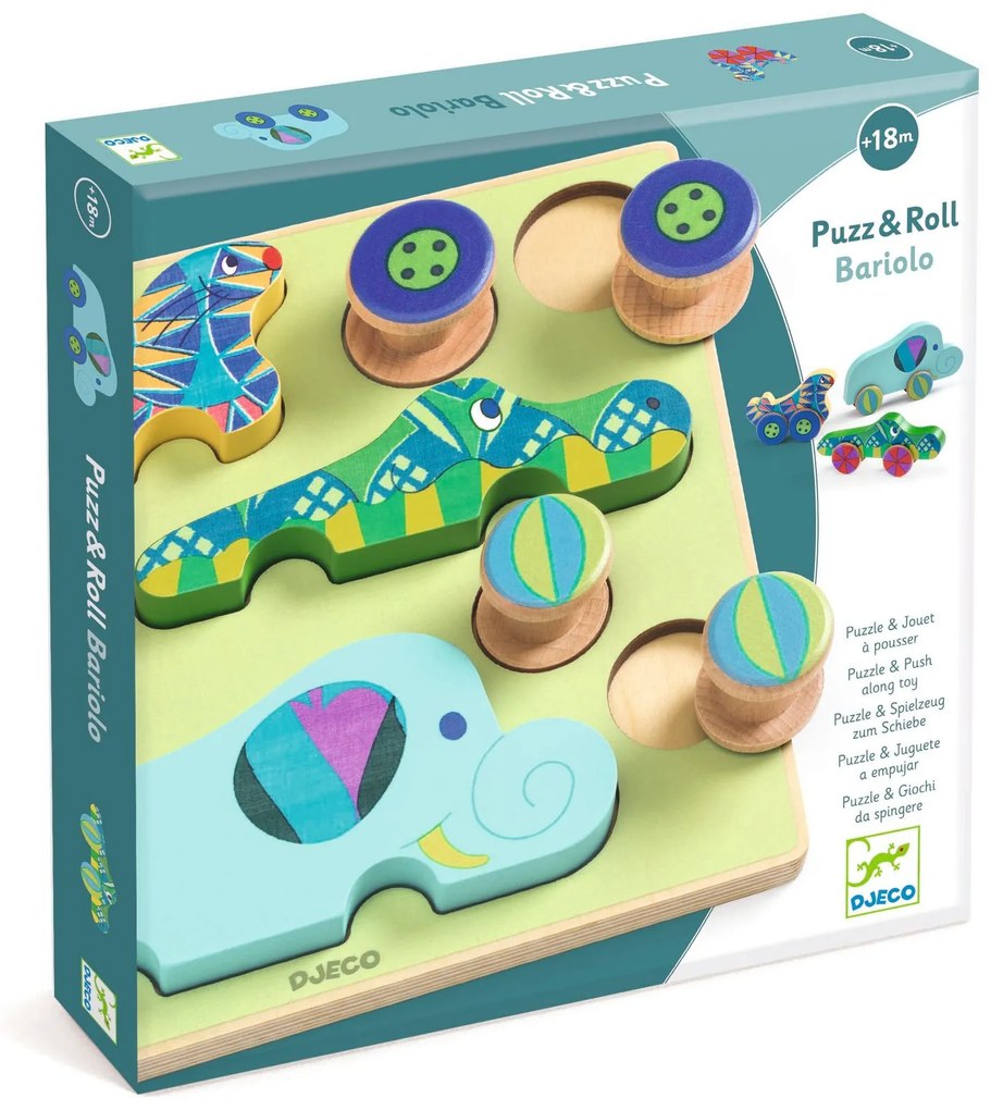 Puzz & Roll - drevená vkladačka a hračka na kolieskach v jednom - zvieratká