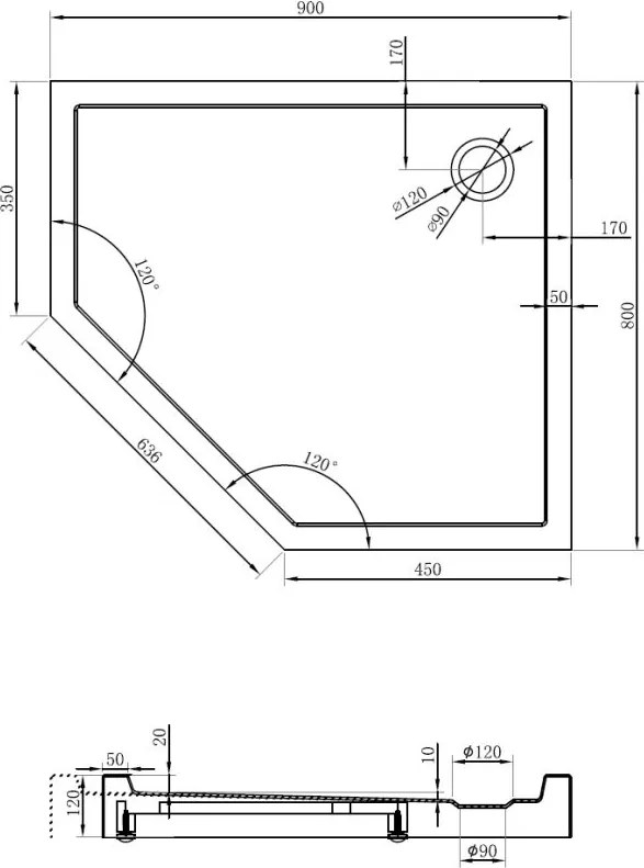 Mexen Flow+ päťuholníková sprchová vanička, pravá 90 x 80 cm, čierna matná, 46P708090RH