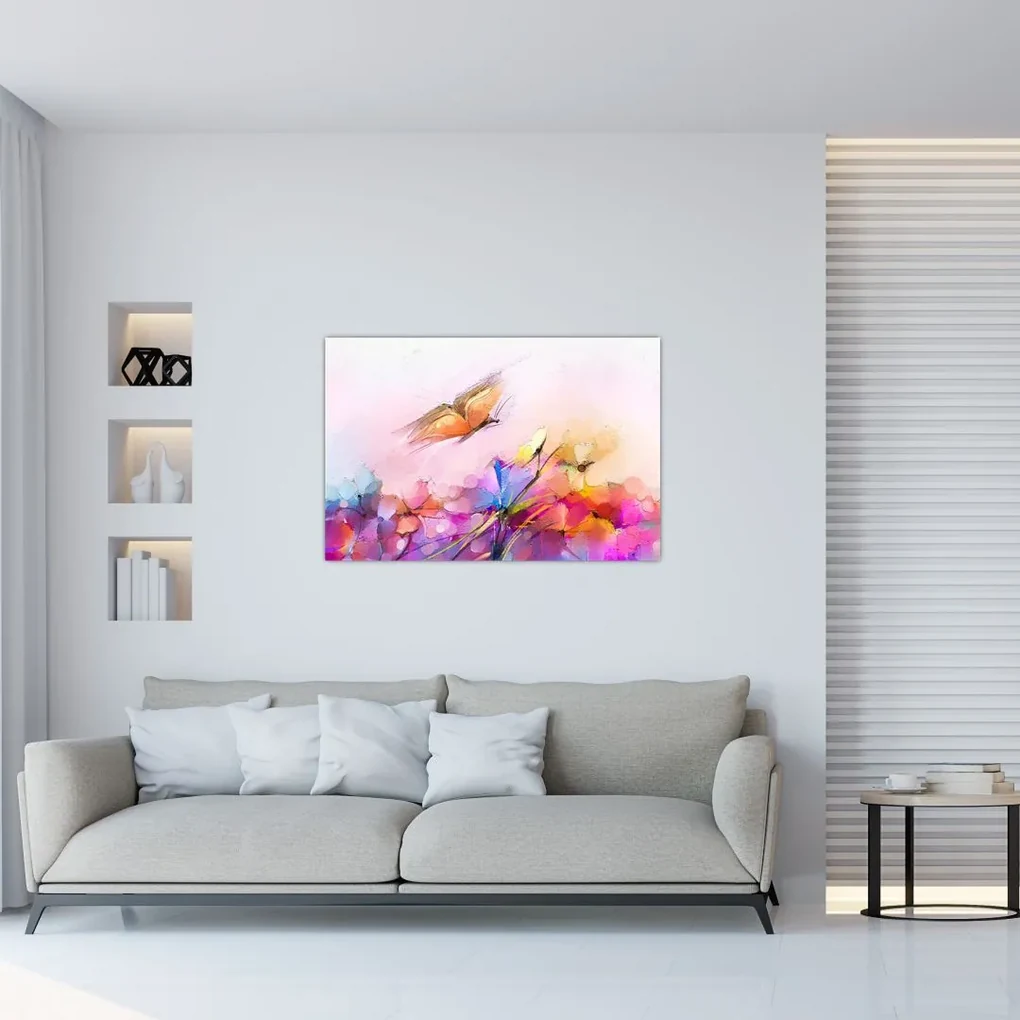 Obraz - Motýľ nad kvetinou, abstrakcia (90x60 cm)