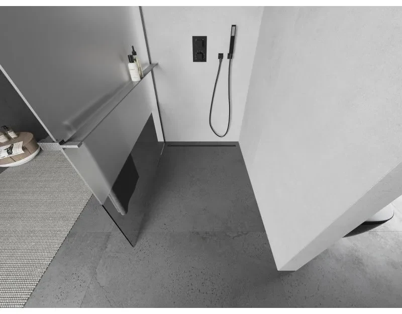 Mexen Kioto+, sprchová zástena Walk-In s poličkou a vešiakom 70 x 200 cm, 8mm číre sklo-námraza, grafitový profil, 800-070-121-66-35