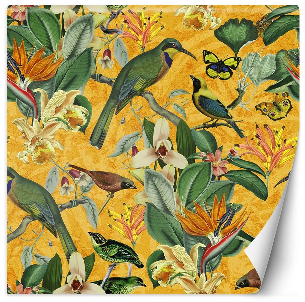 Gario Fototapeta Žlté abstrakčné vtáky na zelenej vetve - Andrea Haase Materiál: Vliesová, Rozmery: 100 x 100 cm