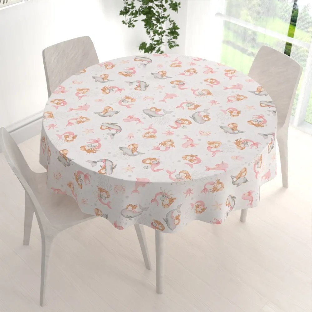 Biante Detský bavlnený okrúhly obrus Sandra SA-527 Ružové morské panny s delfínmi a veľrybami na bielom Ø 80 cm