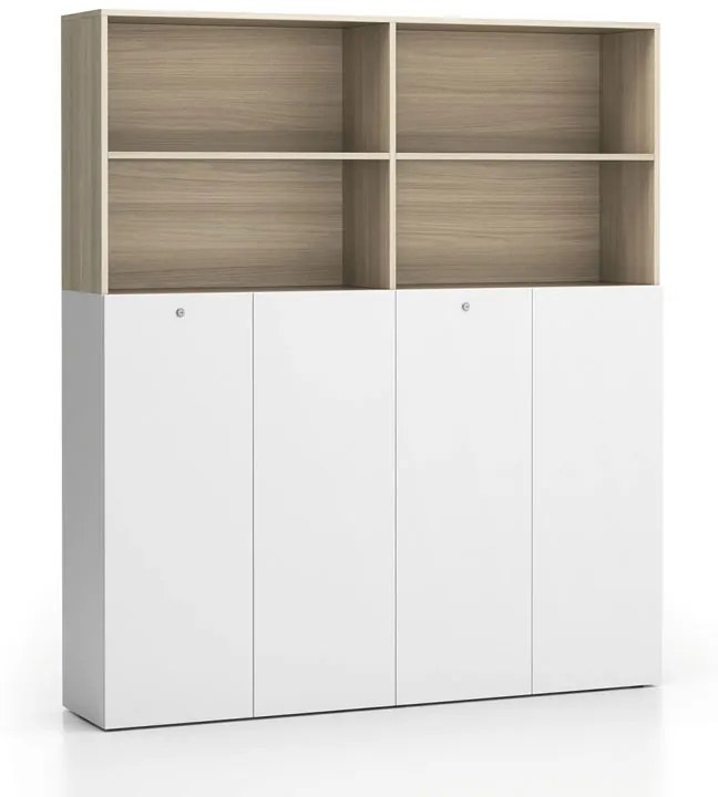 Dvojitá kancelárska policová skriňa 2-dverová SEGMENT, uzamykateľná, 8 políc, biela / dub prírodný