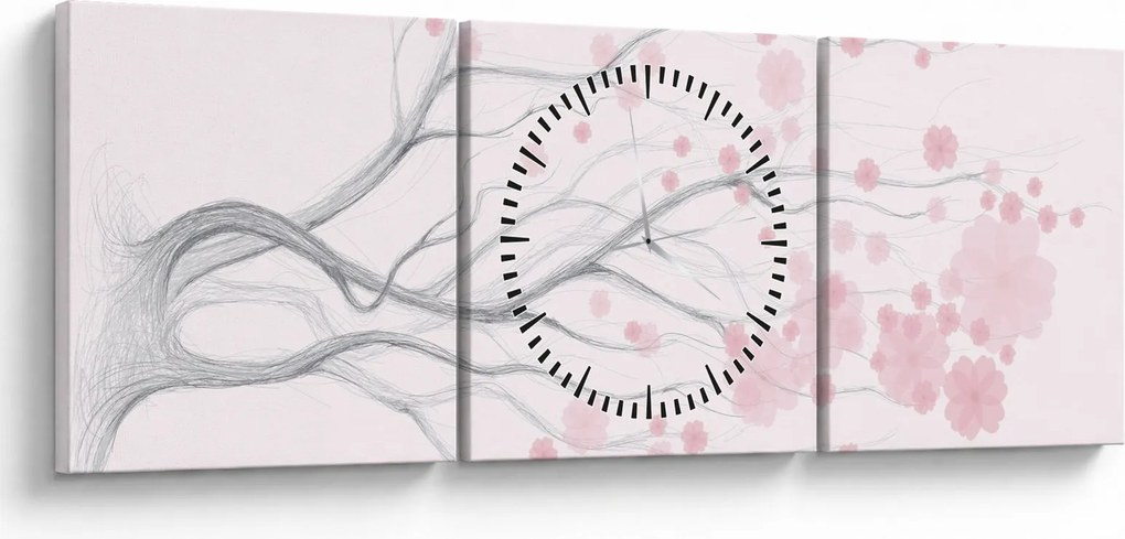 Obraz - Ružové kvety (s hodinami) (90x30 cm)