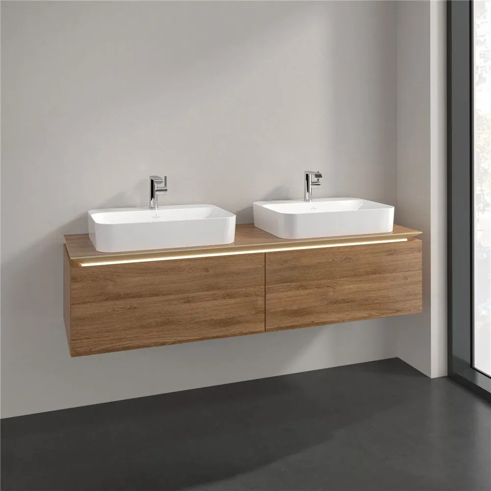 VILLEROY &amp; BOCH Legato závesná skrinka pod dve umývadlá na dosku, 2 zásuvky, s LED osvetlením, 1600 x 500 x 380 mm, Oak Kansas, B767L0RH