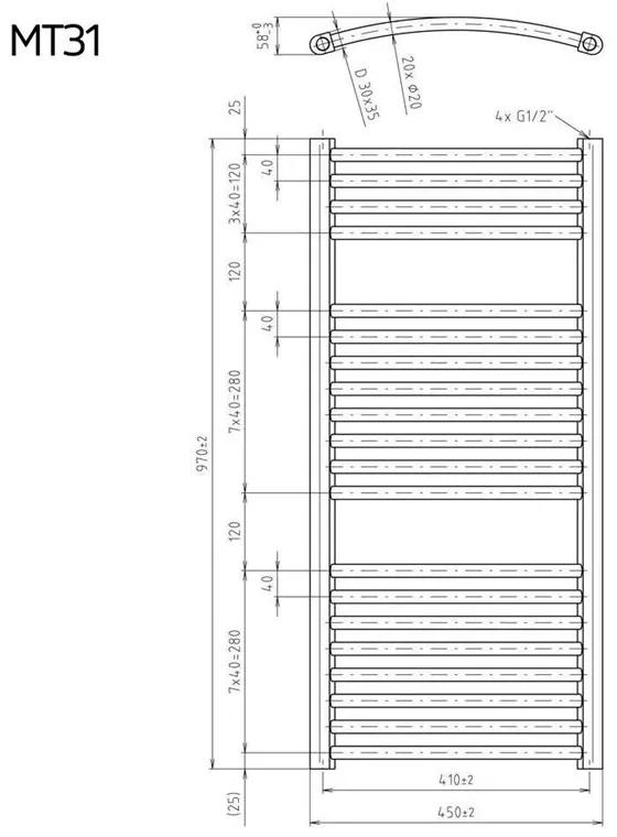Mereo, Vykurovací rebrík 450x1690 mm, oblý, biely, MER-MT33