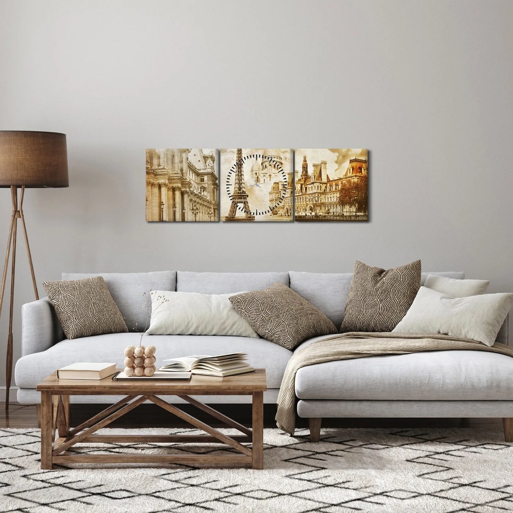 Obraz - Parížske pamiatky (s hodinami) (90x30 cm)