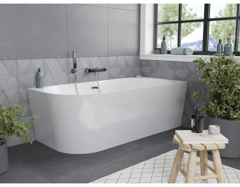 Mexen Mia, voľne stojaca rohová vaňa pravá 140 x 75 cm, biela, chrómový prepad, 52691407500P-01