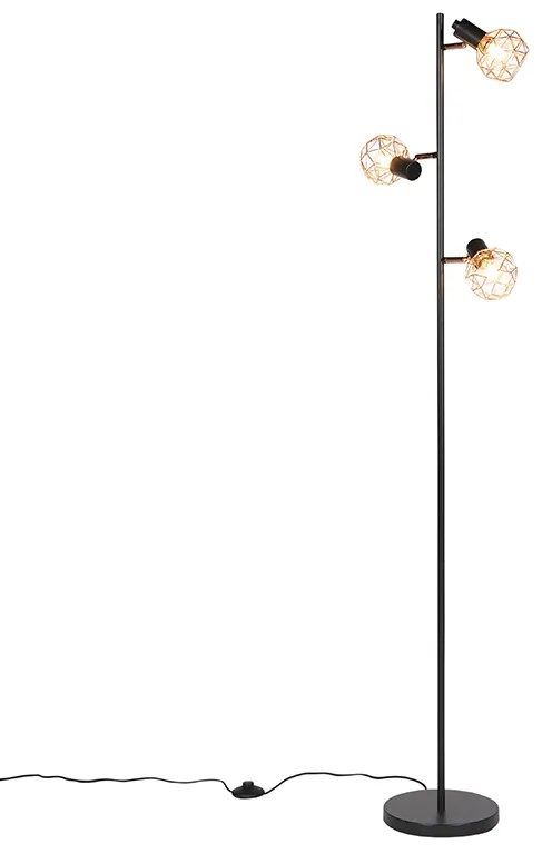 Stojaca lampa čierna s meďou 3-svetlo - Mesh