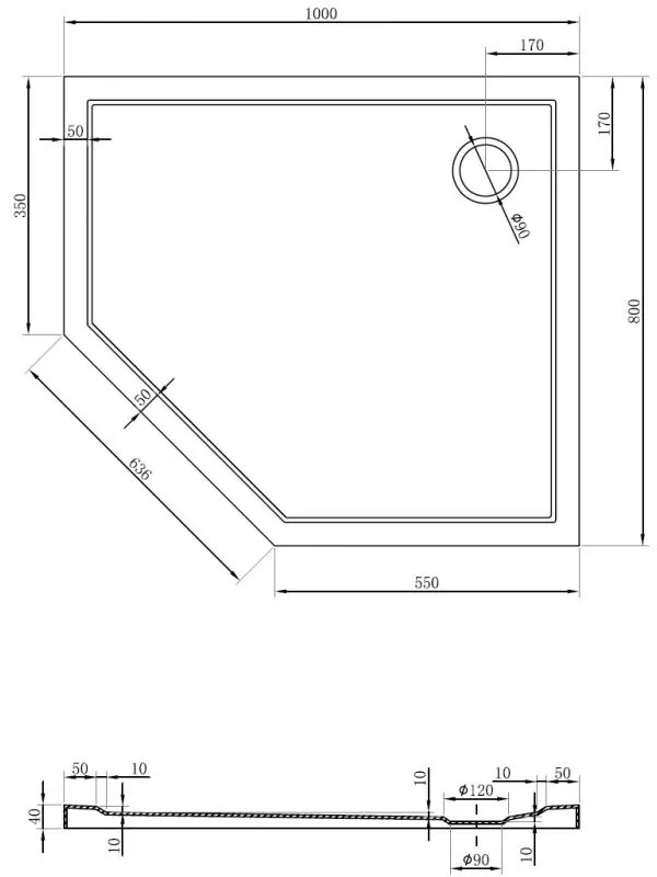 Mexen Flow Slim, pravostranná päťuholníková sprchová vanička 100 x 80 cm, biela lesklá, 46P108010R