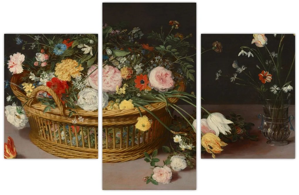 Obraz - Jan Brueghel the Elder, Flowers in a Basket and a Vase, reprodukcia (90x60 cm)