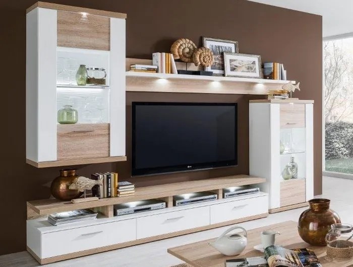 Obývacia stena Caracas kombi 333, dub / biely lesk, s osvetlením