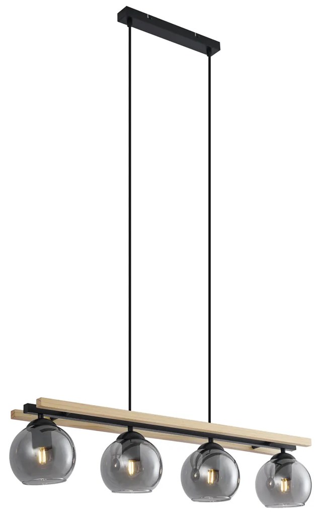 Moderné závesné svietidlo čierne s drevom a dymovým sklom 4-svetlá - Aleks