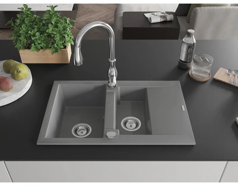Mexen Gaspar, 1,5-komorový granitový drez 737x475x177 mm a drezová batéria Savita, šedá, 6507-71-672601-00