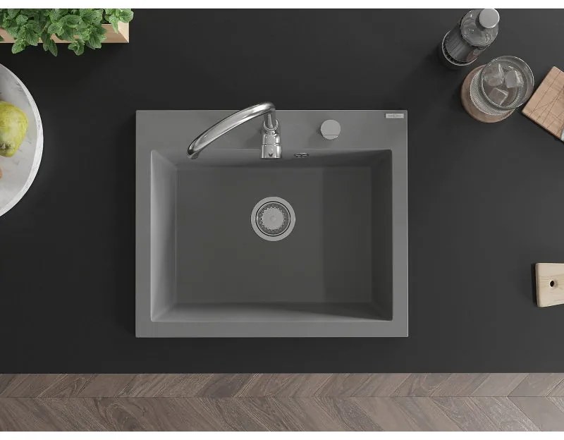 Mexen Elix, 1-komorový granitový drez 600 x 500 mm, sivý, chrómový sifón - 6525601005-71