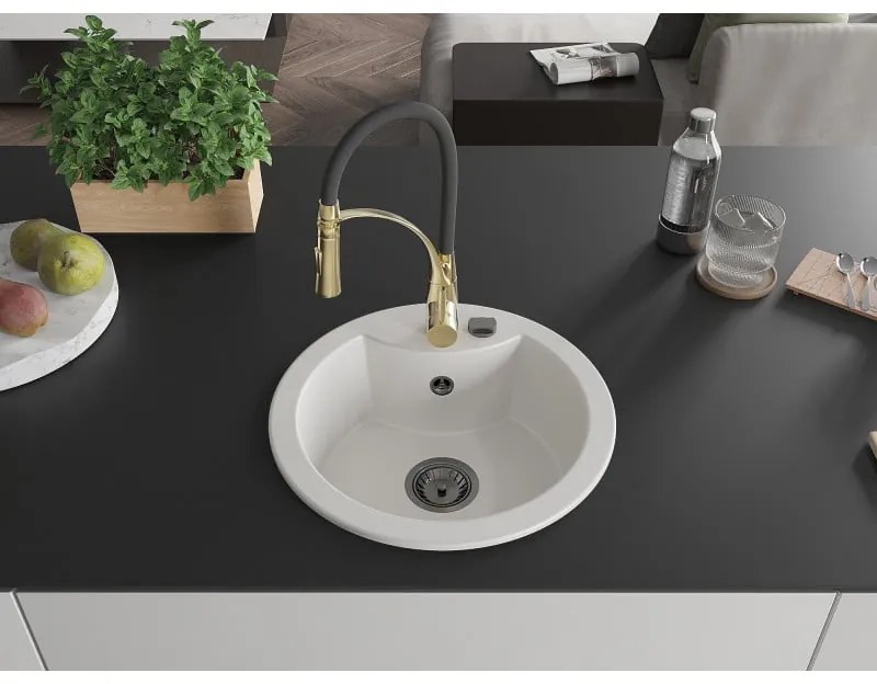 Mexen Diego, 1-komorový granitový drez 488x488x167 mm a drezová batéria Aster, biela, 6512-20-73450-57-B