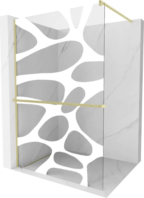 Mexen Kioto+, sprchová zástena Walk-In s poličkou a vešiakom 100 x 200 cm, 8mm číre sklo biely vzor, zlatý matný profil, 800-100-121-55-97