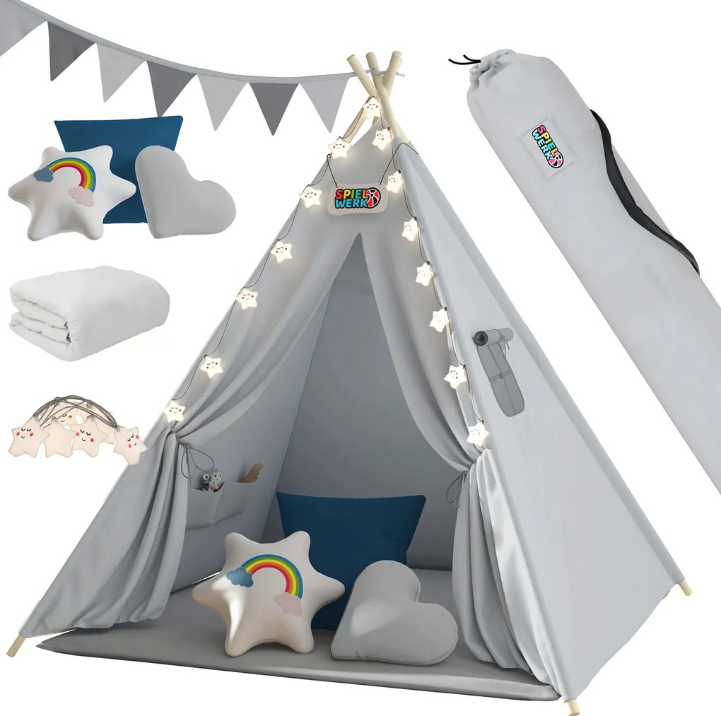 Detský stan teepee JULIUS, 120x120x160cm, šedá/modrá Spielwerk