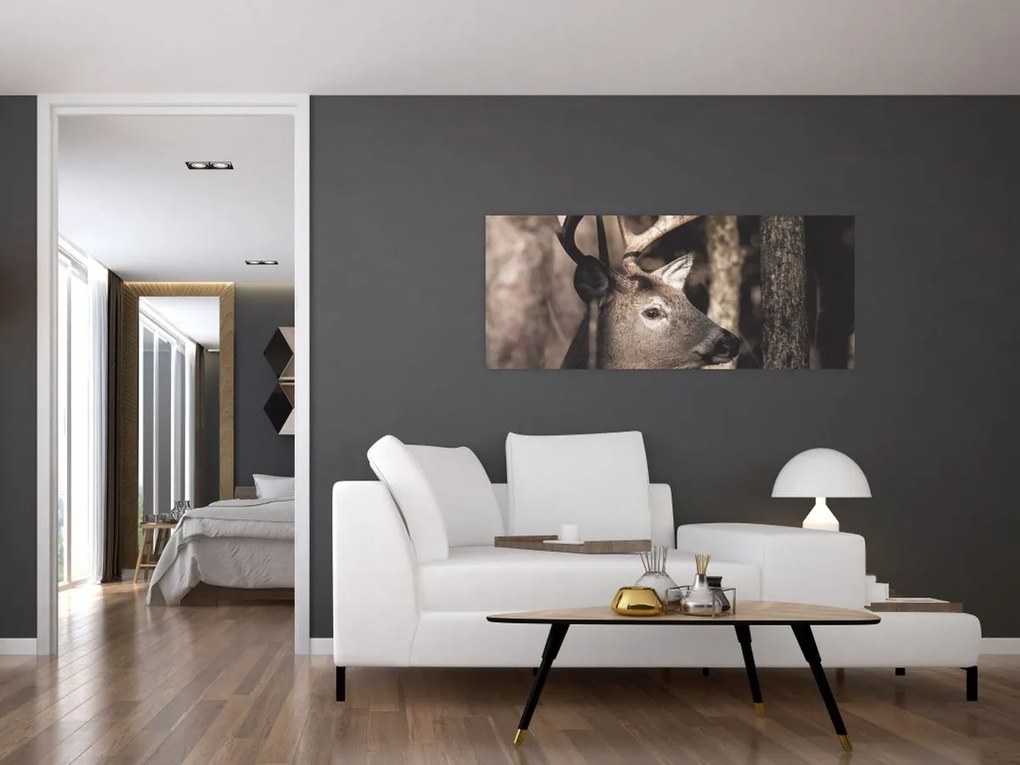 Obraz - Jeleň v lese (120x50 cm)