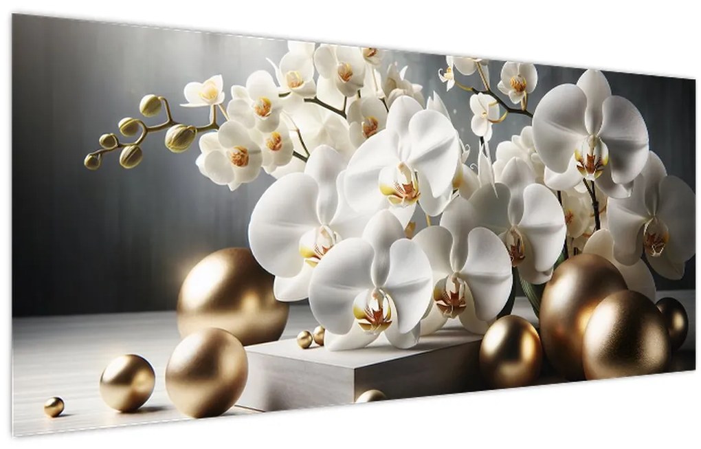 Obraz - Orchidea a zlaté gule (120x50 cm)