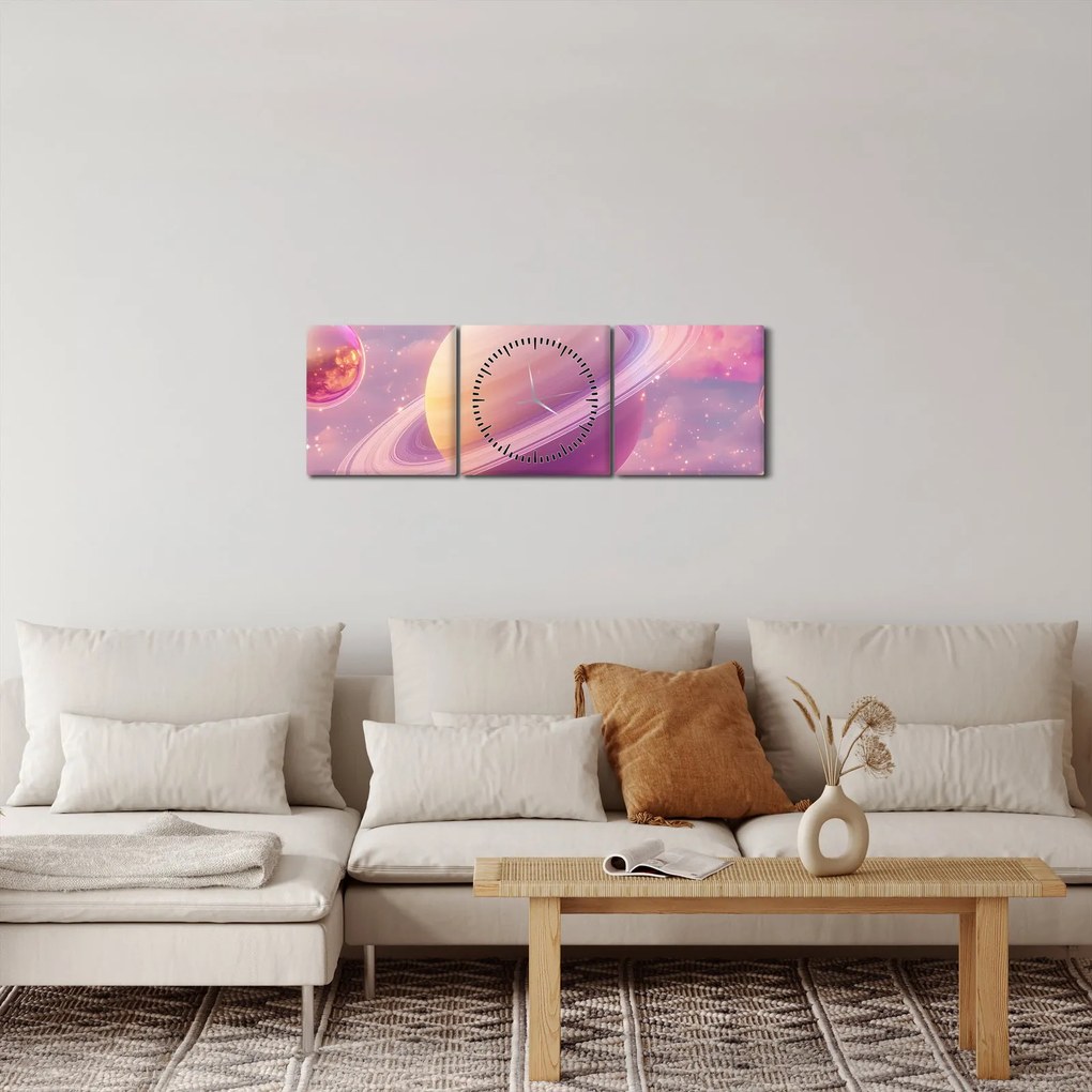 Obraz - Ružová planéta (s hodinami) (90x30 cm)