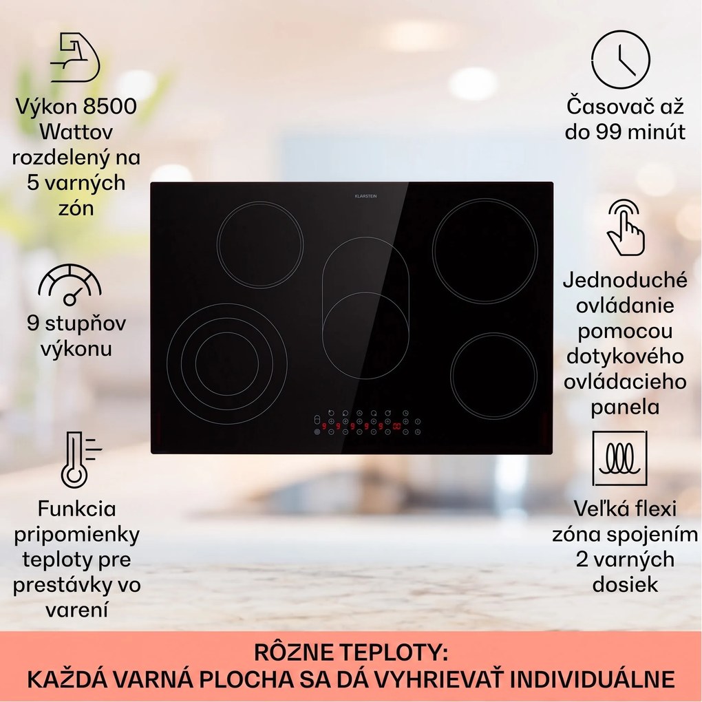 Klarstein Virtuosa Roast, vstavaná varná doska, 5 zón, 8500W, sklokeramika