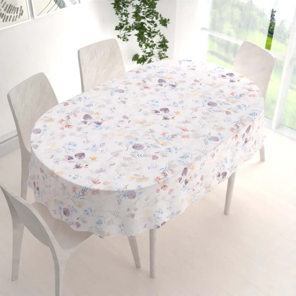 Biante Bavlnený oválny obrus Sandra SA-290 Farebné lučne kvety na bielom 140x220 cm