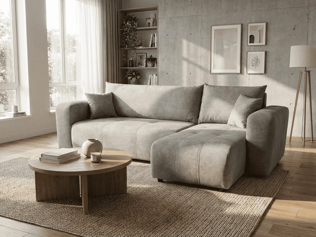 Svetlosivá rozkladacia rohová pohovka SORELA, obojstranná + 2 vankúšiky zdarma