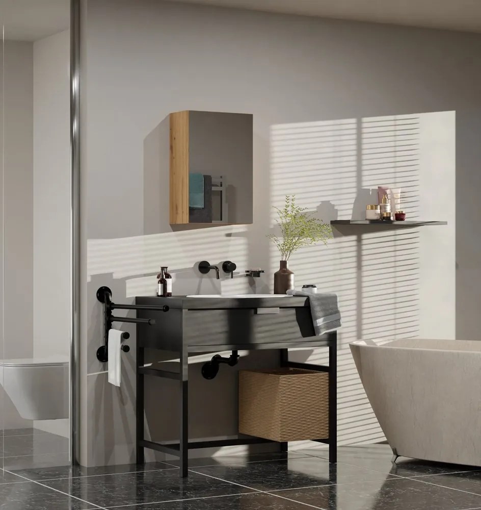 Závesná kúpeľňová skrinka POLA so zrkadlom dub artisan