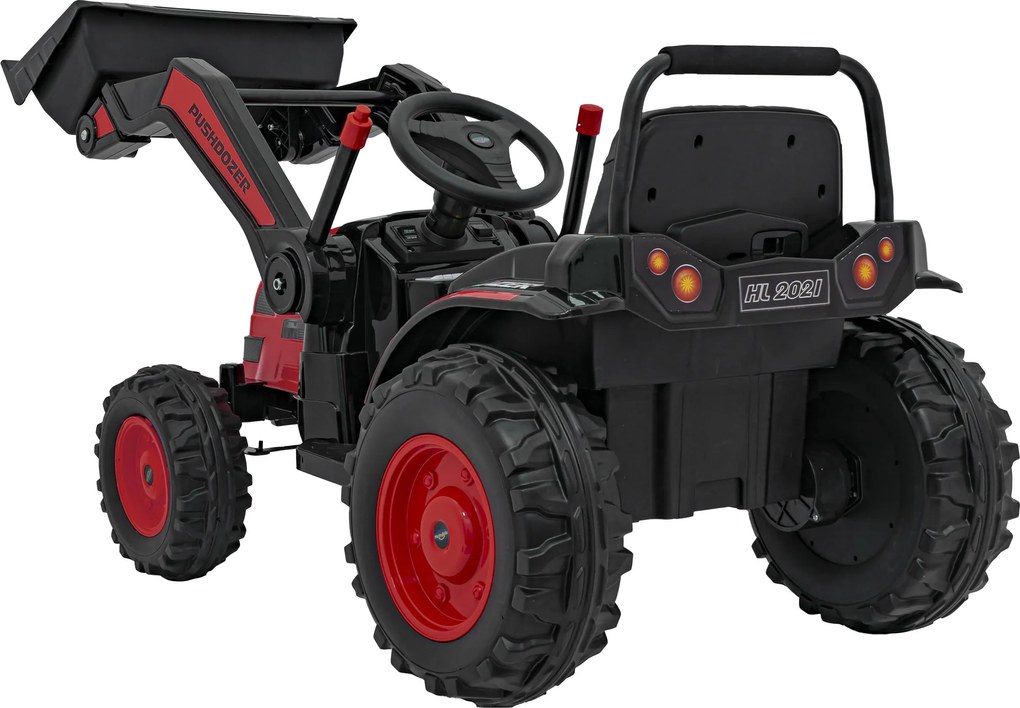Ramiz Detský traktor na batérie Červený + pohyblivé rameno s lyžicou + diaľkové ovládanie + pomalý štart + FM rádio + LED