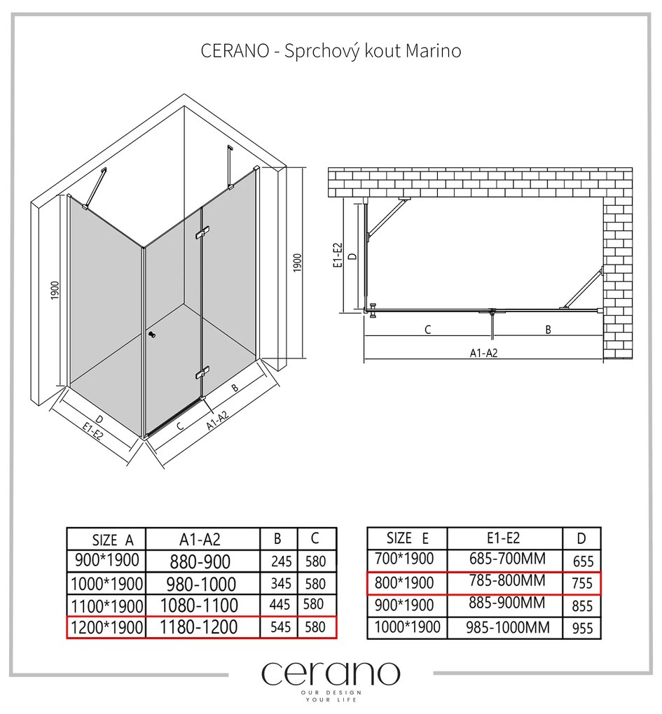 Cerano Marino, sprchovací kút 120(dvere) x 80(stena) x 190 cm, 6mm číre sklo, chrómový profil, CER-CER-422835