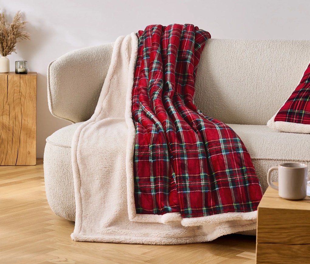 Plyšová károvaná obojstranná deka, červená