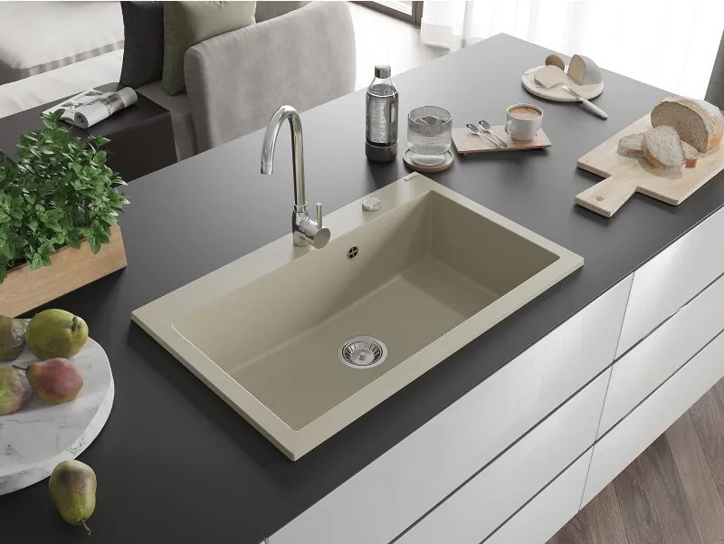Mexen Elix kuchynský drez z umelého kameňa 1-komorový 800 x 500 mm, béžový, sifón chróm - 6527801005-69